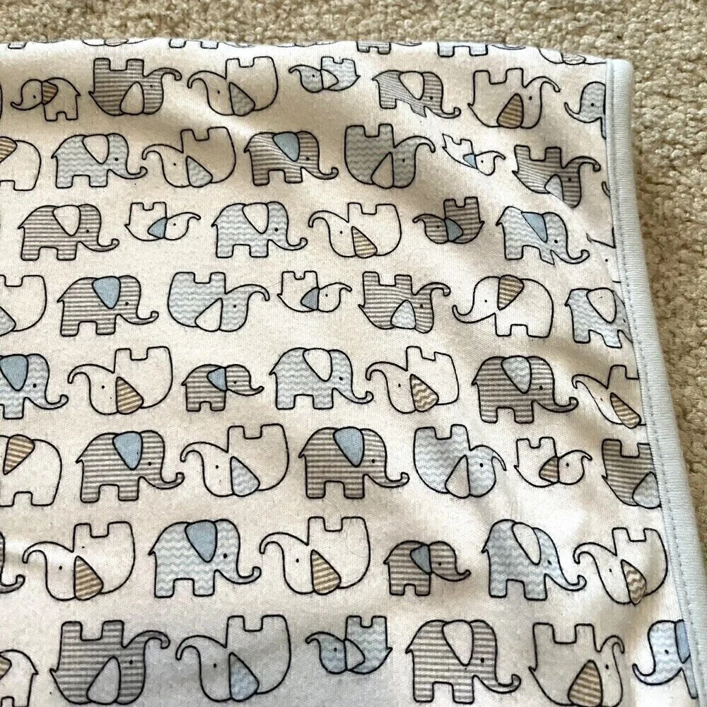 Elephant Stars Baby Blanket Grey Light Blue White Soft Reversible Crib Cotton